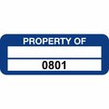 Lustre-Cal PROPERTY OF Label, Polyester Dark Blue 2in x 0.75in  1 Blank Pad & Serialized 0801-0900, 100PK 253744Pe2Bd0801